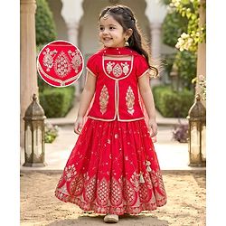 Babyhug Georgette Woven Half Sleeves Lehenga Choli Set With Chinnon Embroidery & Dupatta - Red