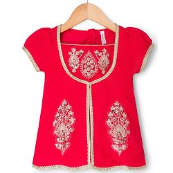 Babyhug Georgette Woven Half Sleeves Lehenga Choli Set With Chinnon Embroidery & Dupatta - Red