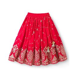 Babyhug Georgette Woven Half Sleeves Lehenga Choli Set With Chinnon Embroidery & Dupatta - Red