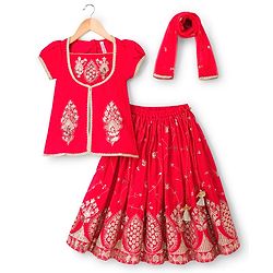 Babyhug Georgette Woven Half Sleeves Lehenga Choli Set With Chinnon Embroidery & Dupatta - Red