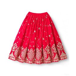 Babyhug Georgette Woven Half Sleeves Lehenga Choli Set With Chinnon Embroidery & Dupatta - Red