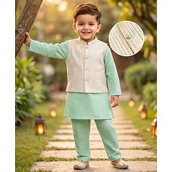 Babyhug Cotton Blend Woven Full Sleeves Solid Kurta Pyjama Set With Embroidered Jacket -light Green
