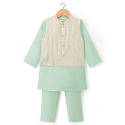 Babyhug Cotton Blend Woven Full Sleeves Solid Kurta Pyjama Set With Embroidered Jacket -light Green