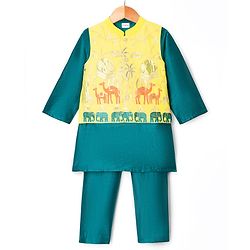 Babyhug Cotton Blend Woven Full Sleeves Kurta Pajama Set with Jacket & Jungle Theme Embroidery - Green