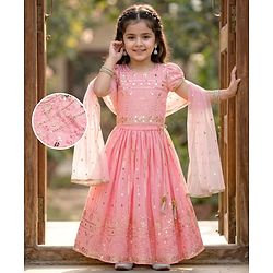 Babyhug Georgette Woven Half Sleeves Sequined Embroidered Choli Lenhenga Set with Dupatta & Lace Detailing - Pink