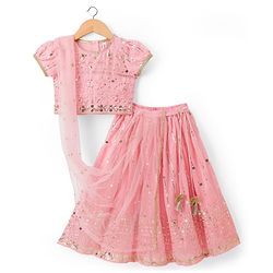 Babyhug Georgette Woven Half Sleeves Sequined Embroidered Choli Lenhenga Set with Dupatta & Lace Detailing - Pink