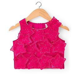 Babyhug Net Woven Sleeveless Embellished Choli & Tiered Lehenga Dupatta Set with Sequin Detailing & Floral Applique - Pink