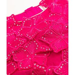Babyhug Net Woven Sleeveless Embellished Choli & Tiered Lehenga Dupatta Set with Sequin Detailing & Floral Applique - Pink