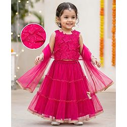 Babyhug Net Woven Sleeveless Embellished Choli & Tiered Lehenga Dupatta Set with Sequin Detailing & Floral Applique - Pink