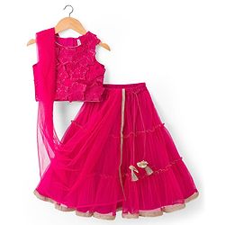 Babyhug Net Woven Sleeveless Embellished Choli & Tiered Lehenga Dupatta Set with Sequin Detailing & Floral Applique - Pink