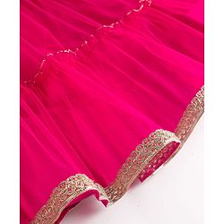 Babyhug Net Woven Sleeveless Embellished Choli & Tiered Lehenga Dupatta Set with Sequin Detailing & Floral Applique - Pink
