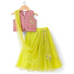 Babyhug Net Woven Sleeveless Floral Embroidered Choli Lehenga Set with Dupatta & Sequin Detailing - Limegreen & Fuschia