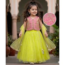 Babyhug Net Woven Sleeveless Floral Embroidered Choli Lehenga Set with Dupatta & Sequin Detailing - Limegreen & Fuschia