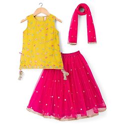 Babyhug Net Woven Sleeveless Chanderi Embroidered Long Choli With Net Lehenga and Dupatta Set- Fuchsia & Lime Green