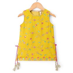 Babyhug Net Woven Sleeveless Chanderi Embroidered Long Choli With Net Lehenga and Dupatta Set- Fuchsia & Lime Green