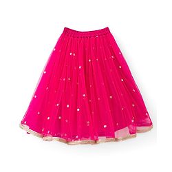 Babyhug Net Woven Sleeveless Chanderi Embroidered Long Choli With Net Lehenga and Dupatta Set- Fuchsia & Lime Green