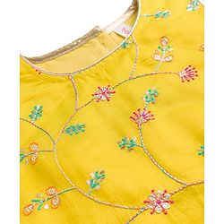 Babyhug Net Woven Sleeveless Chanderi Embroidered Long Choli With Net Lehenga and Dupatta Set- Fuchsia & Lime Green