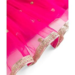 Babyhug Net Woven Sleeveless Chanderi Embroidered Long Choli With Net Lehenga and Dupatta Set- Fuchsia & Lime Green