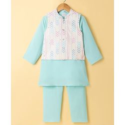 Babyhug Cotton Blend Woven Full Sleeves Kurta Pyjama Set with Embroidered Nehru Jacket - Aqua Blue