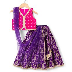 Babyhug Woven Sleeveless Floral & Sequin Embroidered Foil Printed Choli Lehenga Set with Dupatta & Lace Detailing - Purple