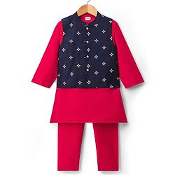 Babyhug Cotton Blend Woven Full Sleeves Solid Kurta Pyjama Set With Floral Embroidered Jacket - Dark Pink & Navy Blue