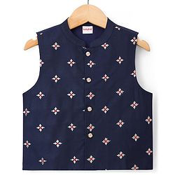 Babyhug Cotton Blend Woven Full Sleeves Solid Kurta Pyjama Set With Floral Embroidered Jacket - Dark Pink & Navy Blue