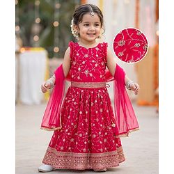 Babyhug Georgette Woven Sleeveless Chinnon Embroidered Choli Lehenga Set with Dupatta & Lace Detailing- Pink