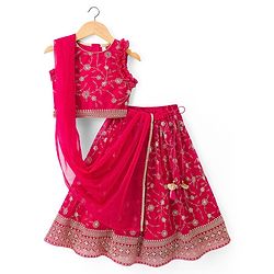 Babyhug Georgette Woven Sleeveless Chinnon Embroidered Choli Lehenga Set with Dupatta & Lace Detailing- Pink