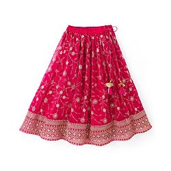 Babyhug Georgette Woven Sleeveless Chinnon Embroidered Choli Lehenga Set with Dupatta & Lace Detailing- Pink