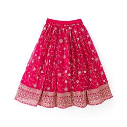 Babyhug Georgette Woven Sleeveless Chinnon Embroidered Choli Lehenga Set with Dupatta & Lace Detailing- Pink