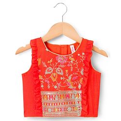 Babyhug Georgett Woven  Sleeveless Floral Embroidered Lehenga Choli & Dupatta Set- Orange