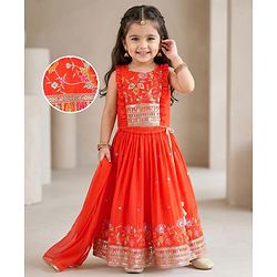 Babyhug Georgett Woven  Sleeveless Floral Embroidered Lehenga Choli & Dupatta Set- Orange