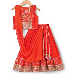 Babyhug Georgett Woven  Sleeveless Floral Embroidered Lehenga Choli & Dupatta Set- Orange