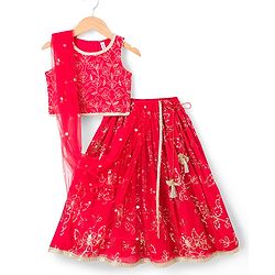 Babyhug Georgette Woven Sleeveless Chinnon Sequin Embroidered Choli Lehenga  & Dupatta Set with Lace Detailing -  Red