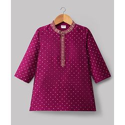 Babyhug Cotton Blend Woven Full Sleeves Kurta Pyjama Set with Foil Polka Dot Print - Fuchsia