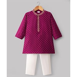 Babyhug Cotton Blend Woven Full Sleeves Kurta Pyjama Set with Foil Polka Dot Print - Fuchsia