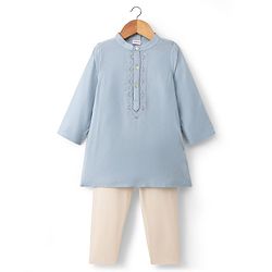 Babyhug Rayon Woven Full Sleeves Floral Embroidered Dobby Solid Kurta Pyjama Set - Light Blue