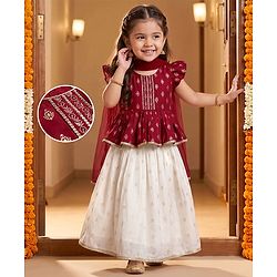 Babyhug Chanderi Woven Half Sleeves Floral Foil Printed Choli Lehenga Set With Dupatta - White & Red