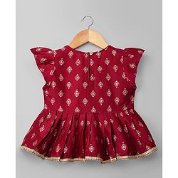 Babyhug Chanderi Woven Half Sleeves Floral Foil Printed Choli Lehenga Set With Dupatta - White & Red