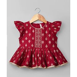 Babyhug Chanderi Woven Half Sleeves Floral Foil Printed Choli Lehenga Set With Dupatta - White & Red