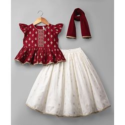 Babyhug Chanderi Woven Half Sleeves Floral Foil Printed Choli Lehenga Set With Dupatta - White & Red