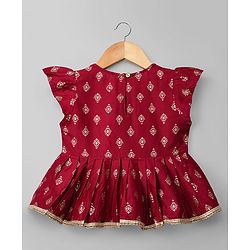 Babyhug Chanderi Woven Half Sleeves Floral Foil Printed Choli Lehenga Set With Dupatta - White & Red