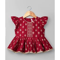 Babyhug Chanderi Woven Half Sleeves Floral Foil Printed Choli Lehenga Set With Dupatta - White & Red