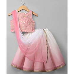 Babyhug Chanderi Woven Sleeveless Floral Embroidered Choli & Lehenga Set With Dupatta - Pink