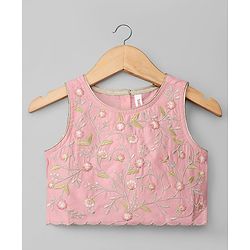 Babyhug Chanderi Woven Sleeveless Floral Embroidered Choli & Lehenga Set With Dupatta - Pink