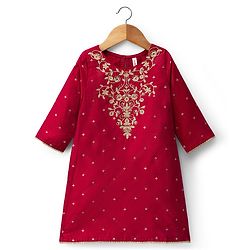 Babyhug Cotton Blend Woven Three Forth Sleeves Foil Printed & Floral Embroidered Kurta Salwar Set With Dupatta - Fuchsia