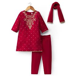 Babyhug Cotton Blend Woven Three Forth Sleeves Foil Printed & Floral Embroidered Kurta Salwar Set With Dupatta - Fuchsia