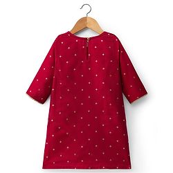 Babyhug Cotton Blend Woven Three Forth Sleeves Foil Printed & Floral Embroidered Kurta Salwar Set With Dupatta - Fuchsia