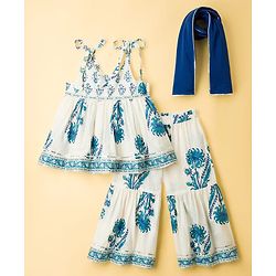 Babyhug 100% Cotton Cambric Woven Sleeveless Kurti Gharara Set With Floral Print & Dupatta - White