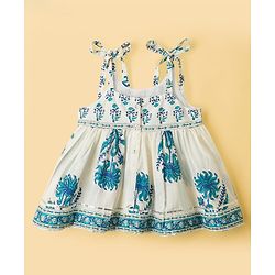Babyhug 100% Cotton Cambric Woven Sleeveless Kurti Gharara Set With Floral Print & Dupatta - White